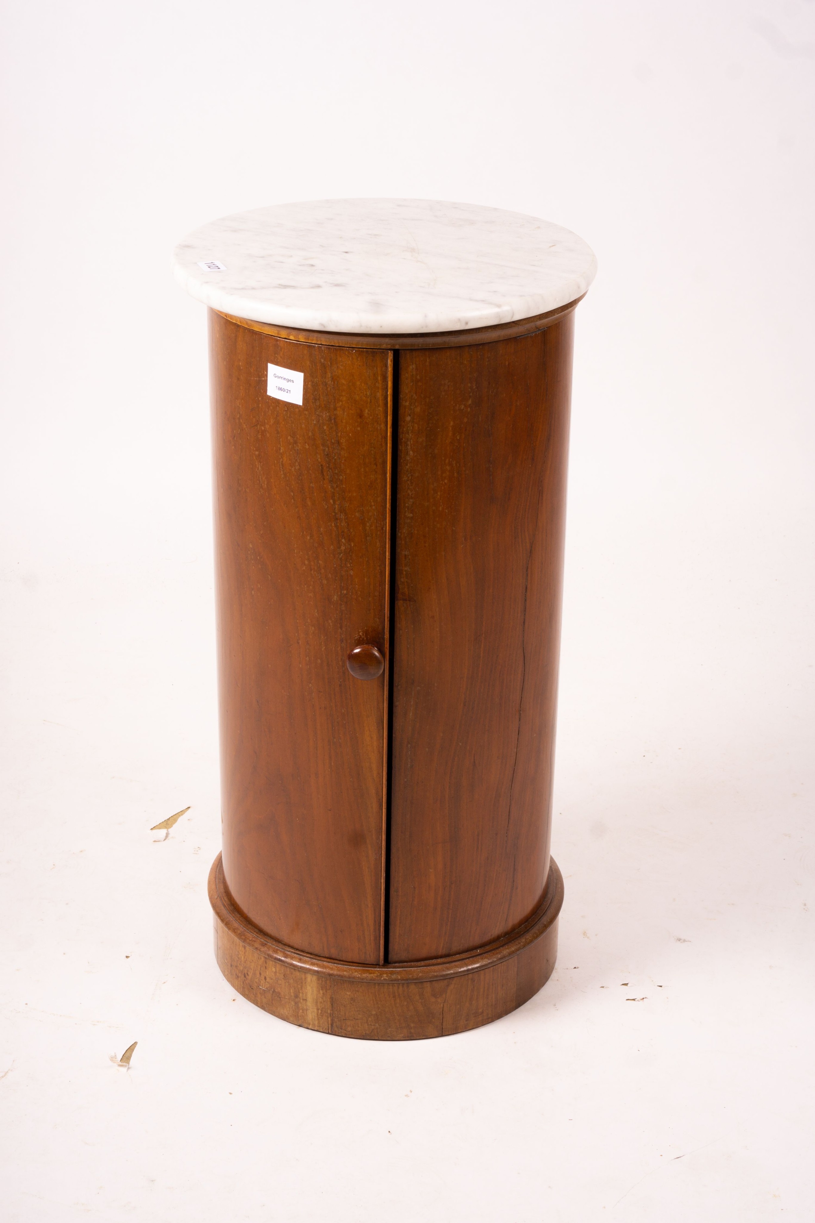 A Victorian marble top mahogany cylindrical pot cupboard, diameter 41cm, height 79cm